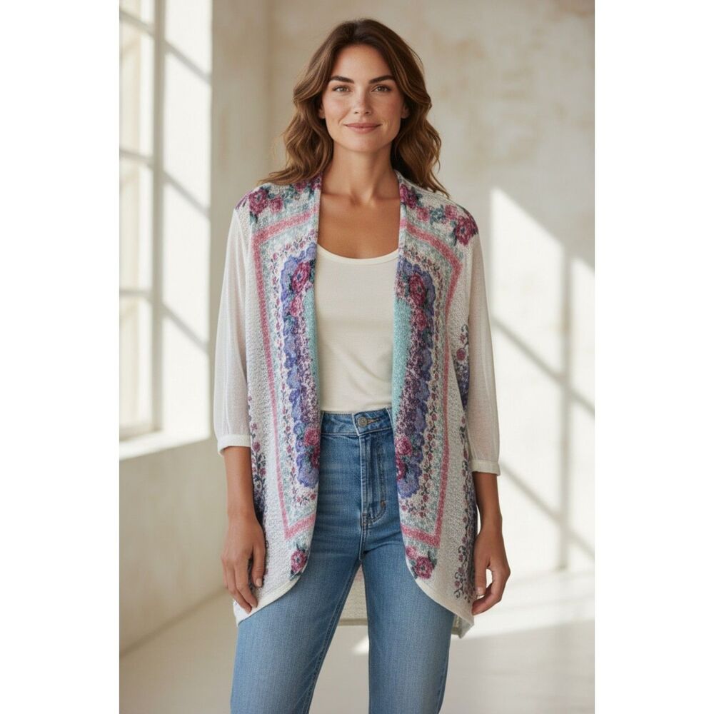 Moa Moa Open Front Cardigan – Size 1X Multi Color Floral Print Sheet